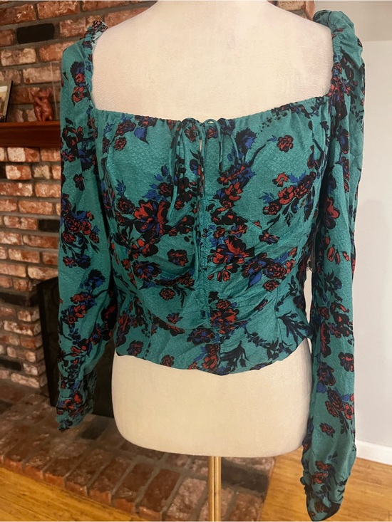 Free People Tops - Free People Teal Floral Square-Neck Long Sleeve Blouse